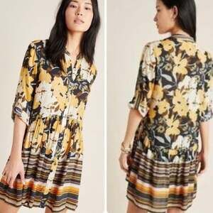 Anthropologie BL^NK London Hadley Dress Yellow Floral Button Front XS